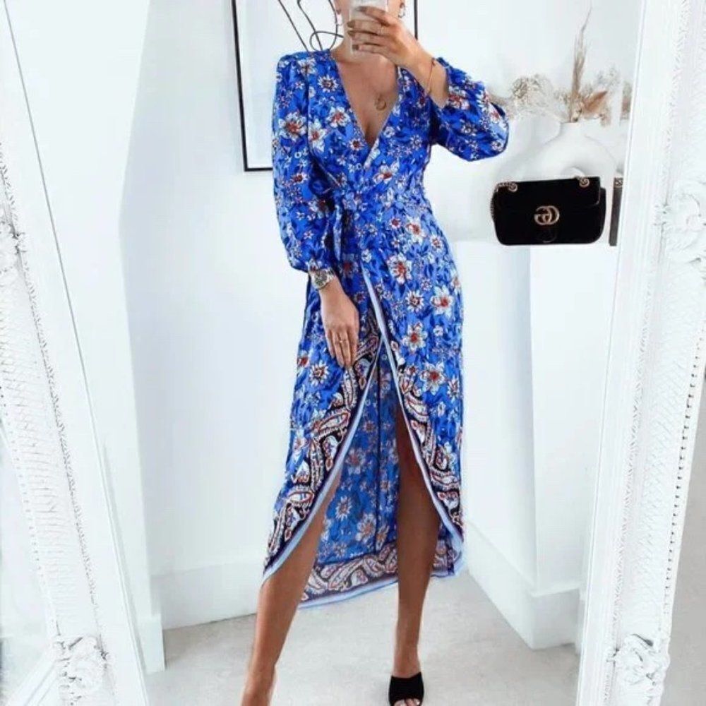 ZARA Wrap Style Midi Dress Floral Print Viscose New